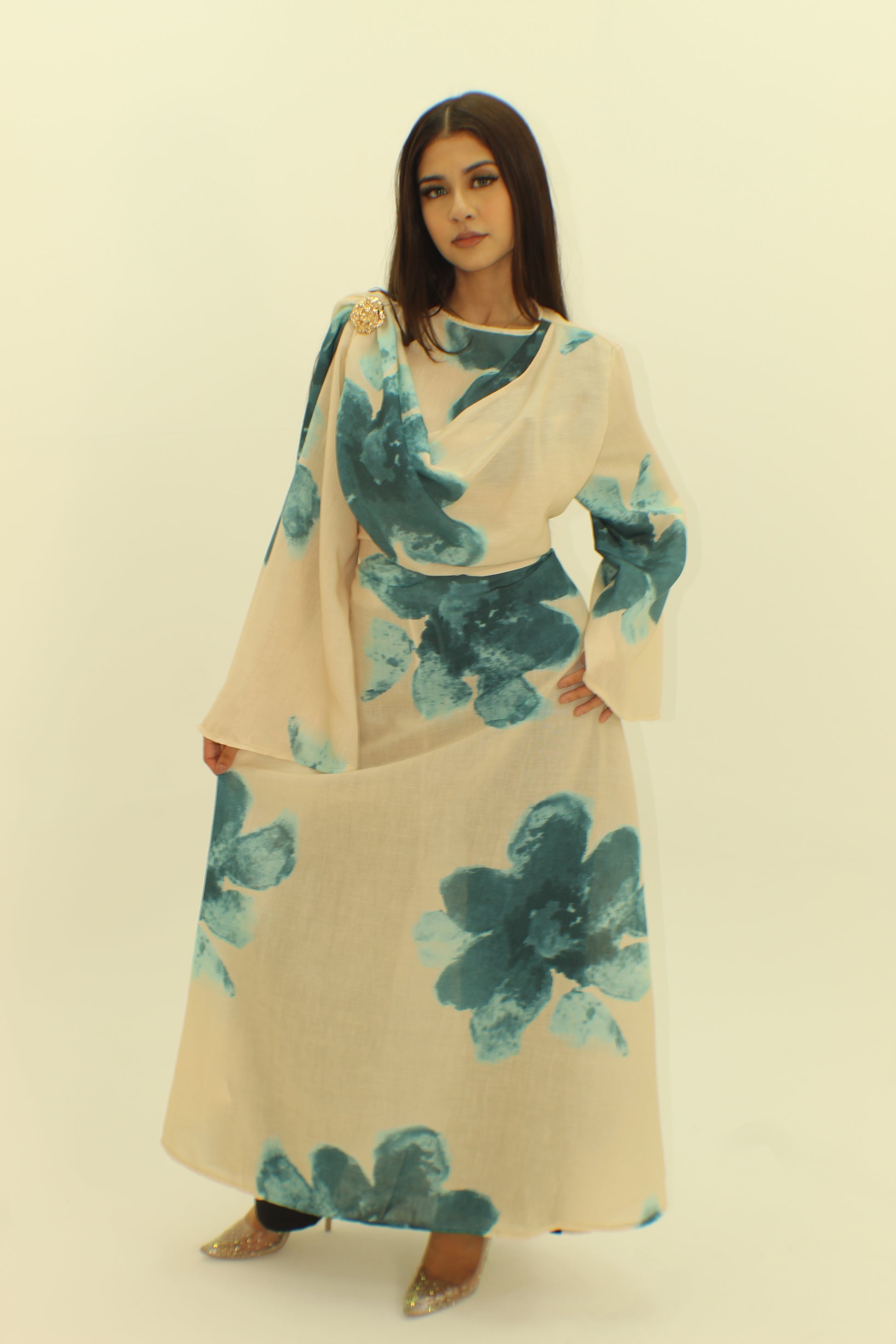 The Floral Tie Back Dress with Cape - BERBISH