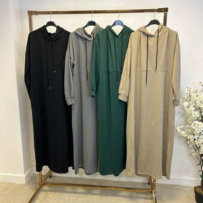 BERBISH hooded long dress/abaya style with  pockets flowy and comfortable 54” length high quality  one size fits up to (8-18)