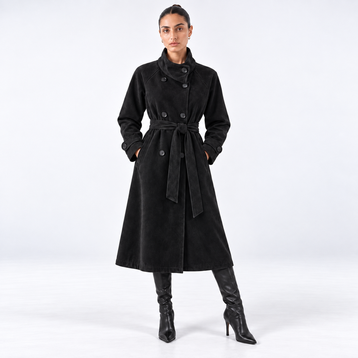 Funnel Coat in  Suede -Black