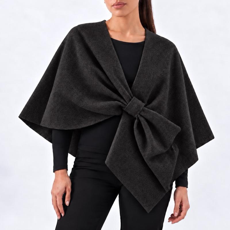 Wool Feel Poncho Cape - Black