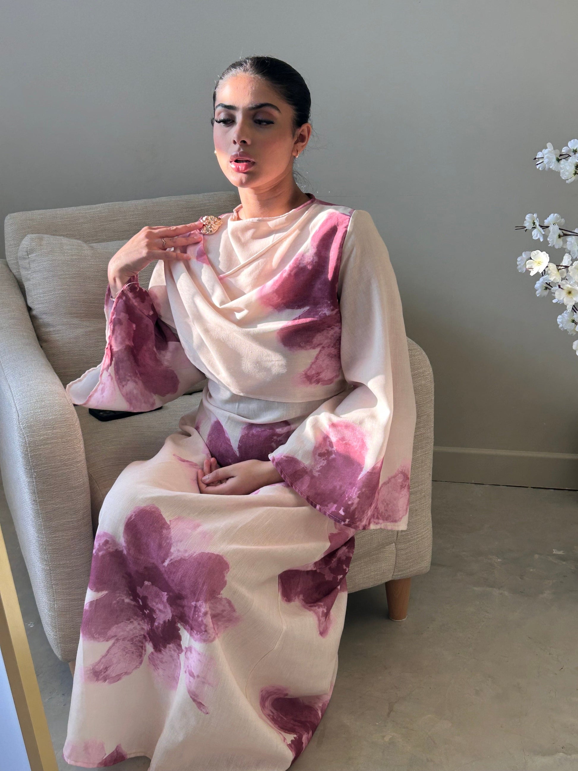 The Floral Tie Back Dress with Cape - BERBISH