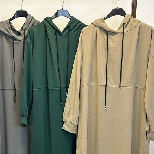 BERBISH hooded long dress/abaya style with  pockets flowy and comfortable 54” length high quality  one size fits up to (8-18)