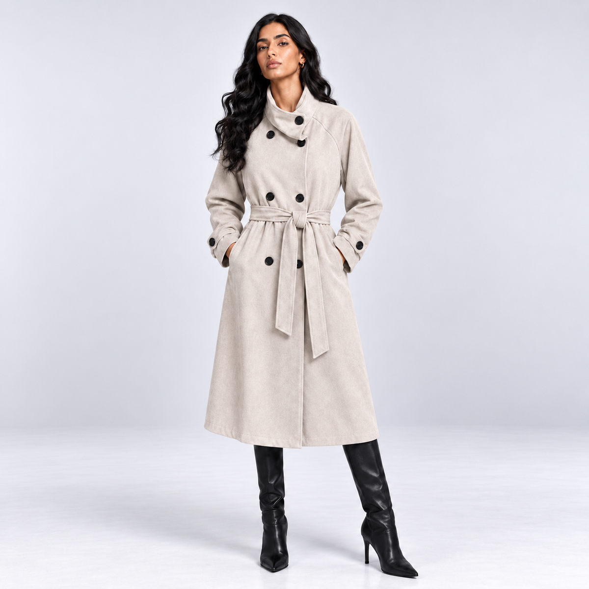 Funnel Coat in  Suede -Stone