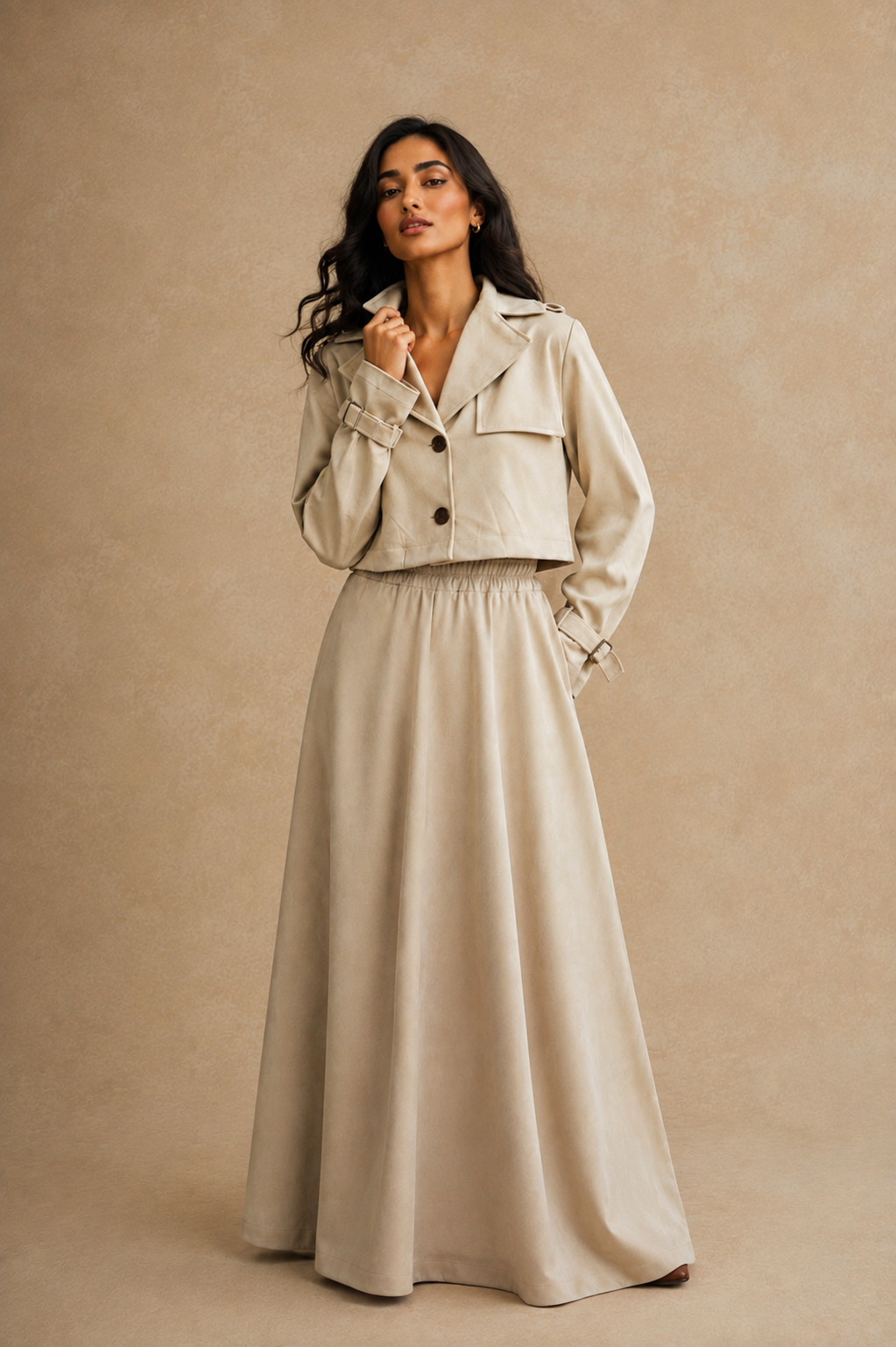 Velvet Feel Short Trench Top &amp; Skirt Coord Set - Beige