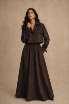 Velvet Feel Short Trench Top &amp; Skirt Coord Set -Chocolate