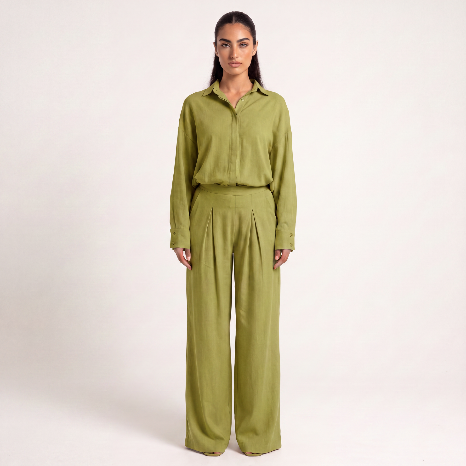 Button shirt coord linen-  Matcha