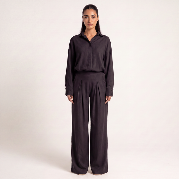 Button shirt coord linen-  Black