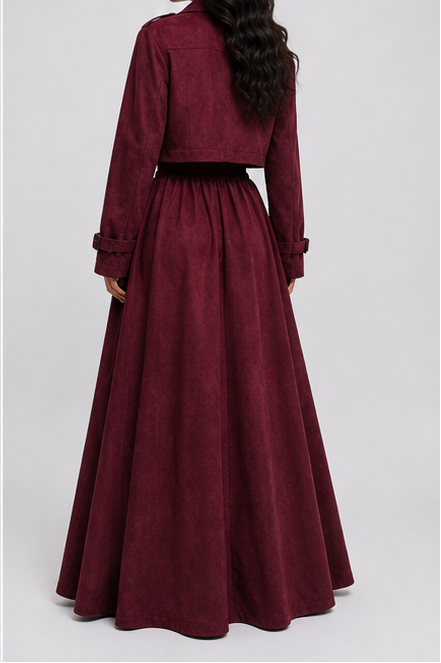 Velvet Feel Short Trench Top &amp; Skirt Coord Set -Wine