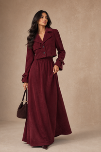 Velvet Feel Short Trench Top &amp; Skirt Coord Set -Wine